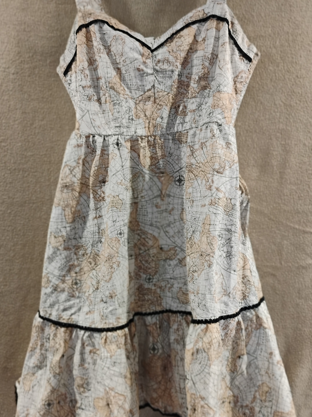 Hot Topic White and Tan Map-Print Sundress with Black Trim
